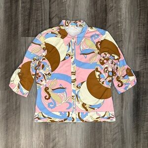 J. McLaughlin Nylon Stretch Retro Paisley Long Sleeve Button Down - Large